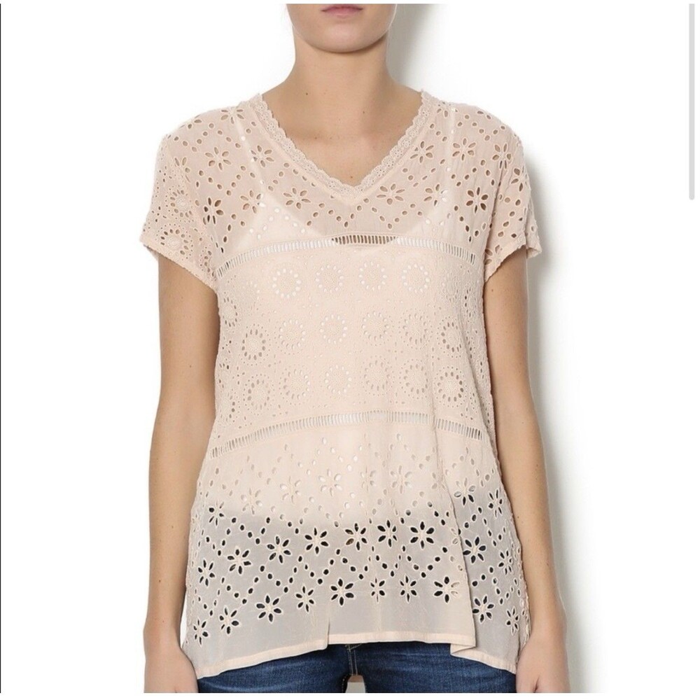 Johnny Was Pale Pink Eyelet V neck Pullover Blouse Top Sz L (Sm Hole)
